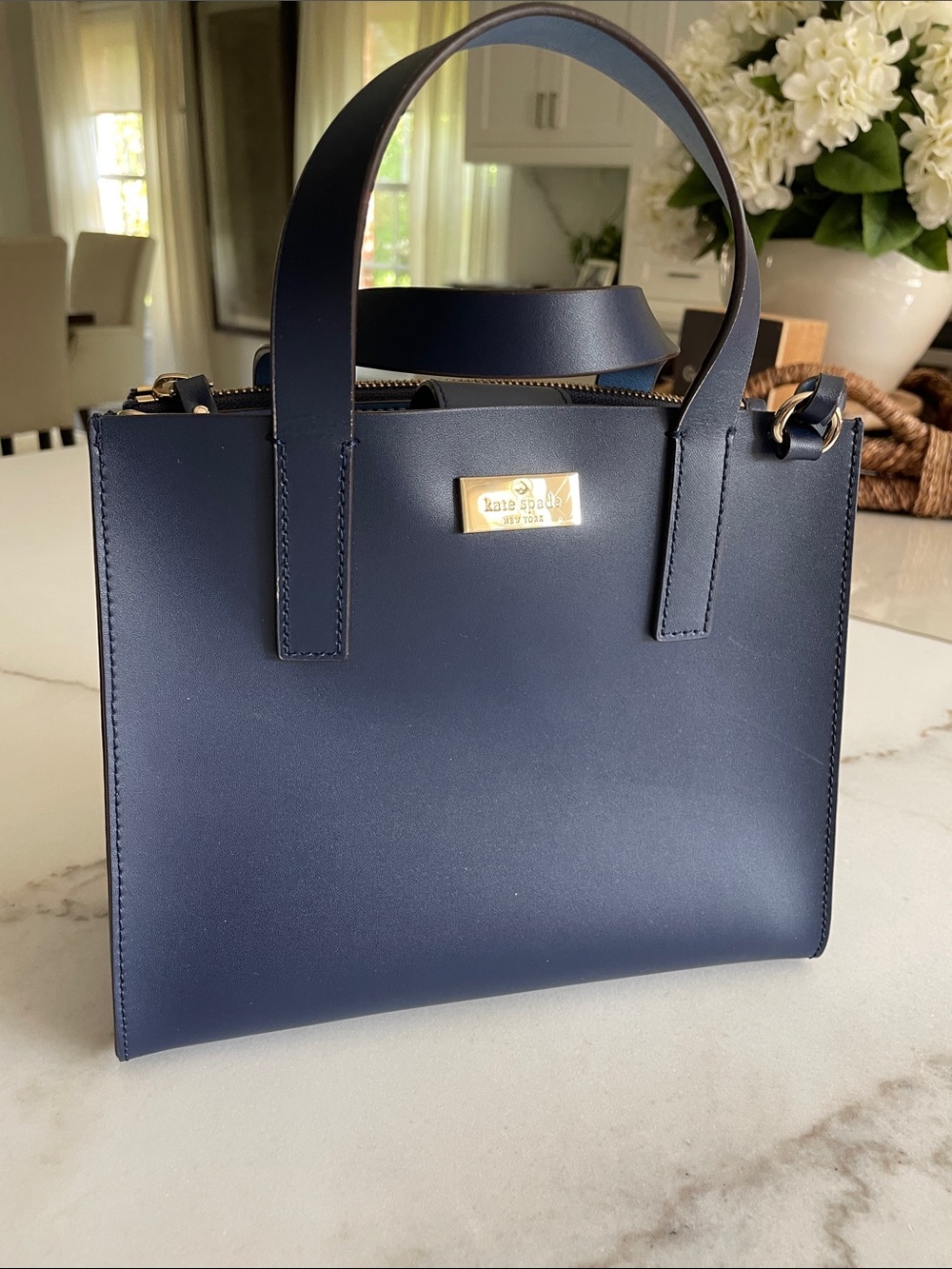 kate spade navy leather top-handle satchel with gold plaque